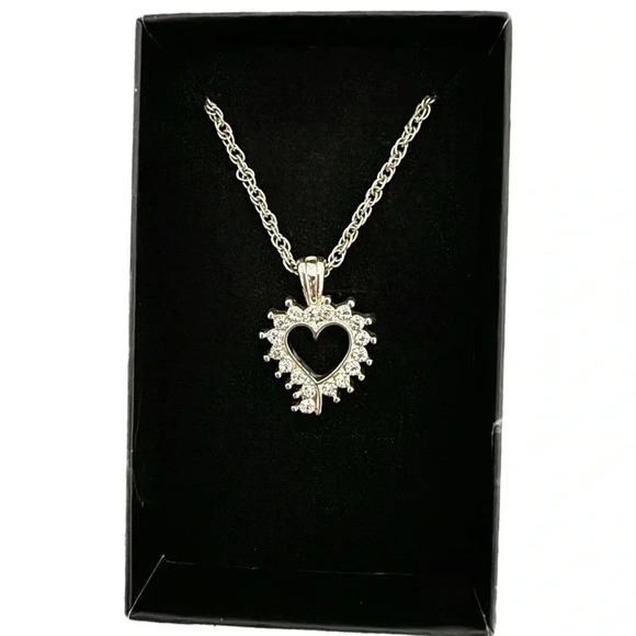 Vintage Rhinestone Heart Silver Tone Pendant Necklace Sparky Elegant 18-21” - Picture 2 of 6